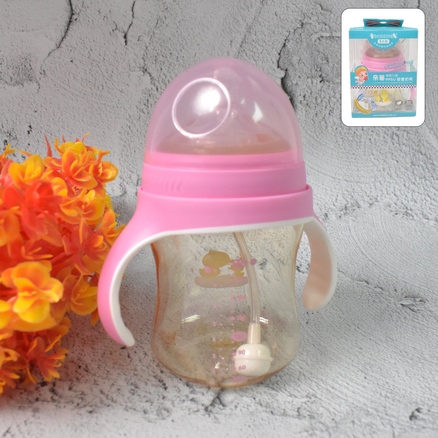 Plastic Baby Feeding Bottle With Handles Cleaning Brush Straw (240 Ml 1 Pc)