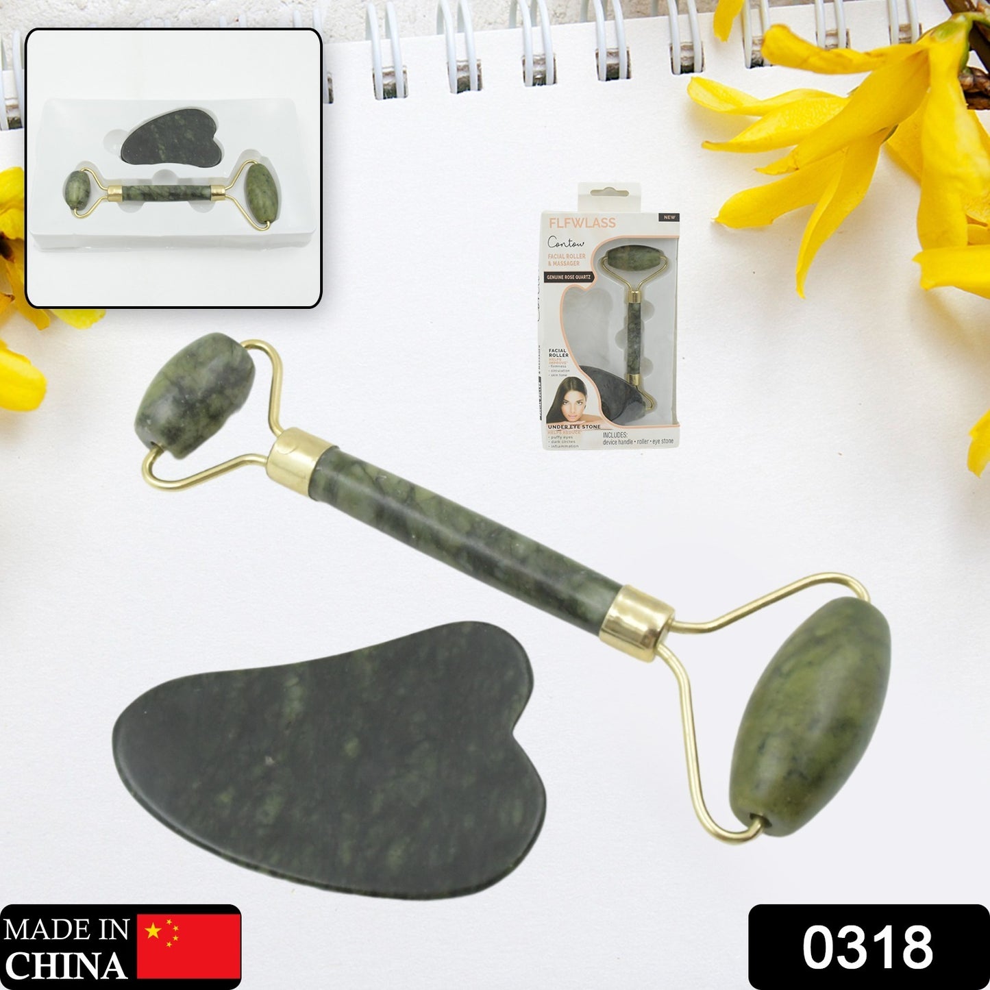 0318 Gua Sha Stone & Anti-Aging Jade Roller Massager Set – Natural Face Skincare Tool for Glowing Skin & Wrinkle Reduction