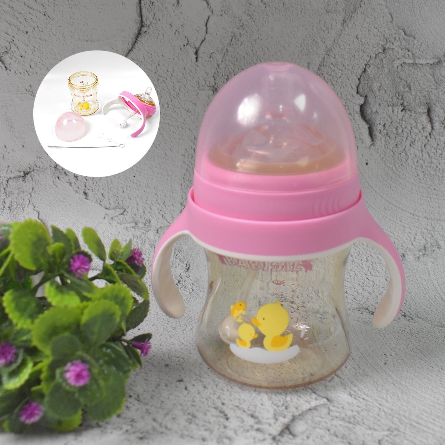 Plastic Baby Feeding Bottle With Handles Cleaning Brush Straw (240 Ml 1 Pc)