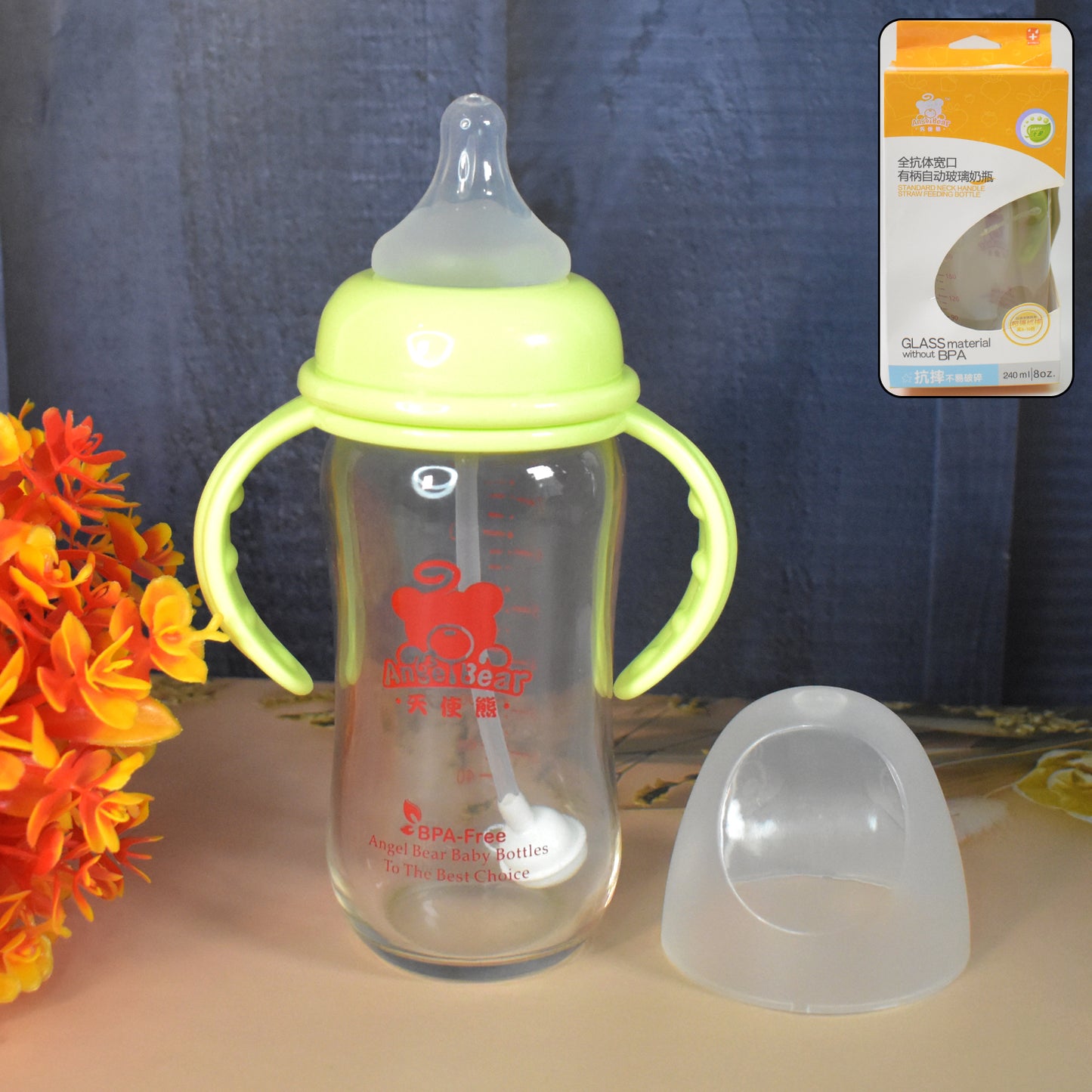 Glass Baby Feeding Bottle With Handles Straw (240 Ml 1 Pc)
