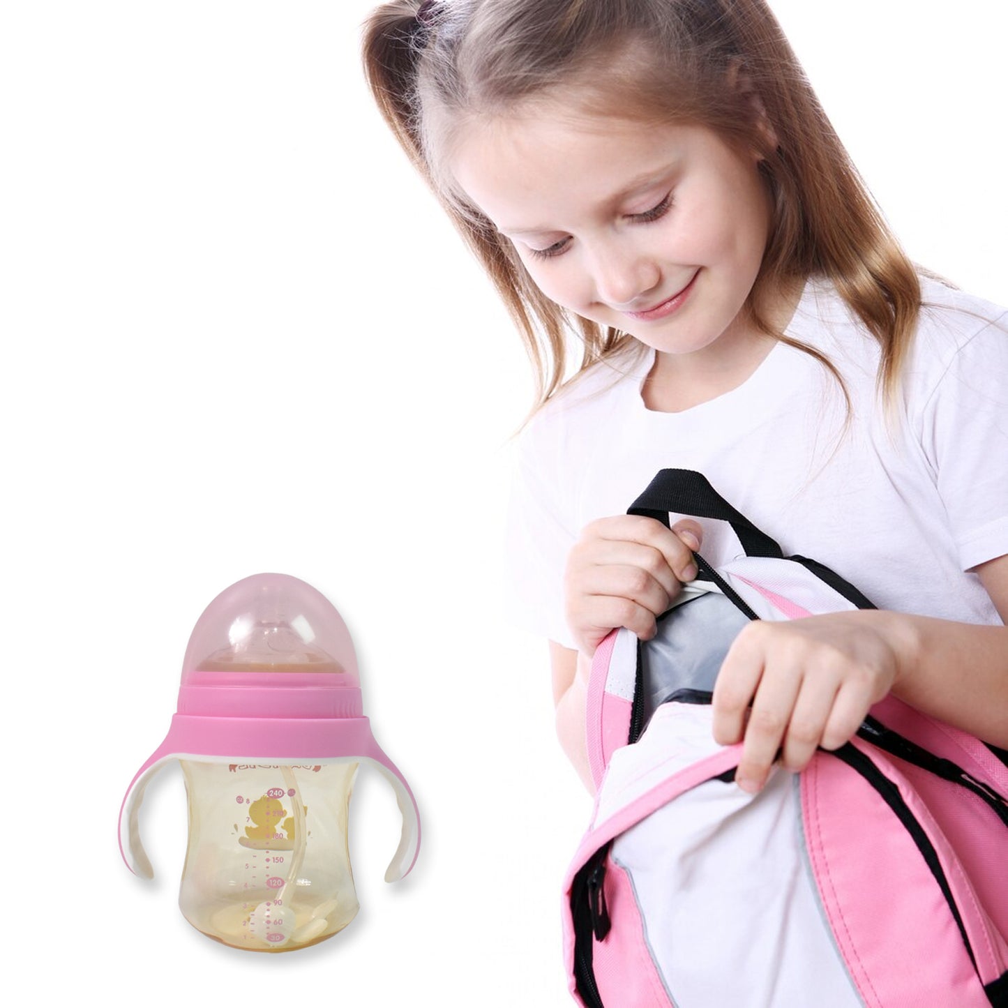 Plastic Baby Feeding Bottle With Handles Cleaning Brush Straw (240 Ml 1 Pc)